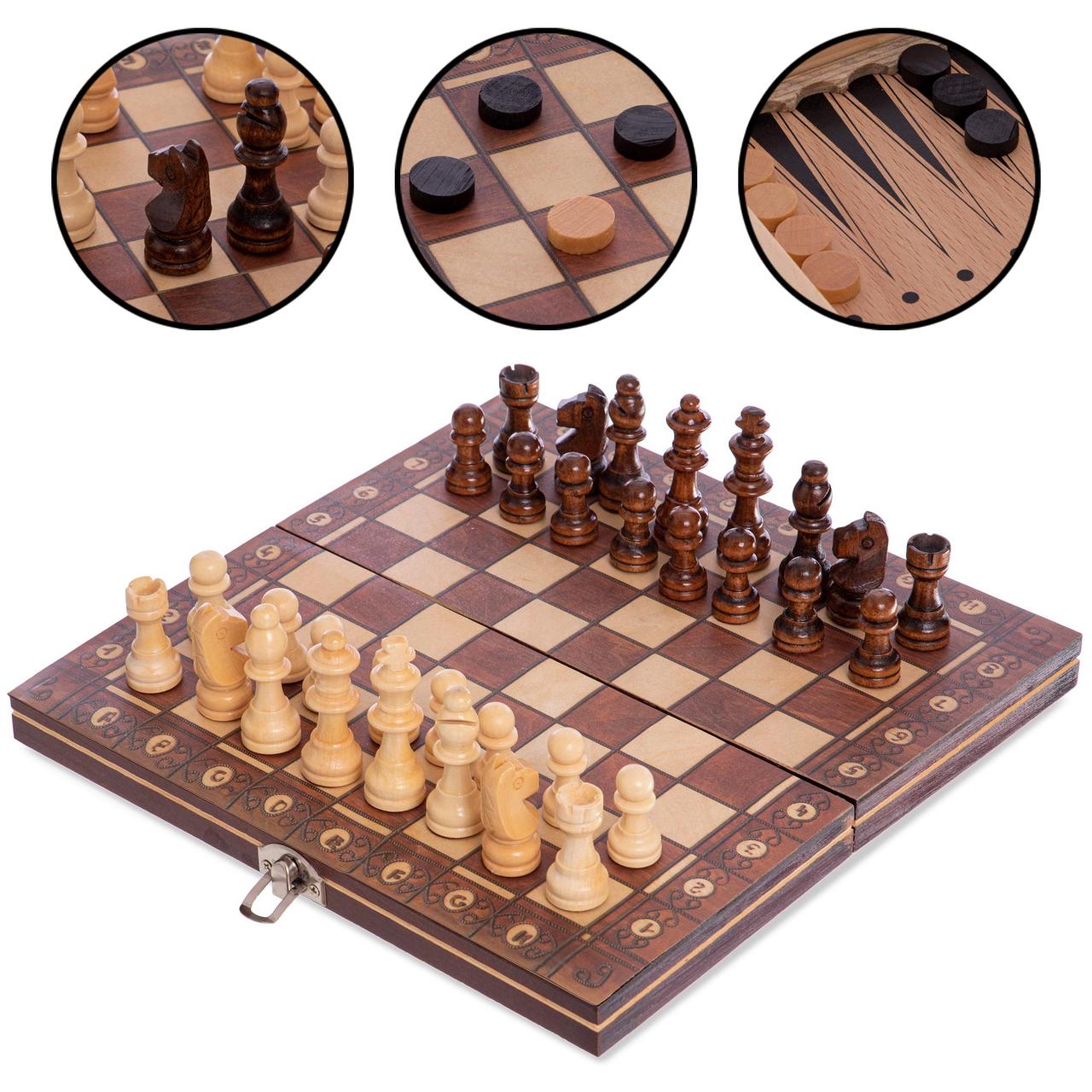 Набір шахи, шашки, нарди 3 в 1 дерев'яні з магнітом W7701H (дошка 24x24 см)