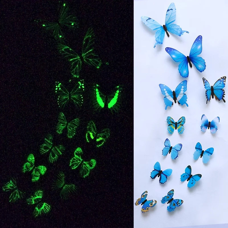 Интерьерные наклейки Бабочки 3D светятся в темноте, 12 штук - фото 1 - id-p1347695328