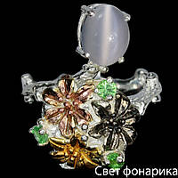 Серебряное кольцо с лунным камнем, эффект кошачьего глаза, 2629КЦЛ