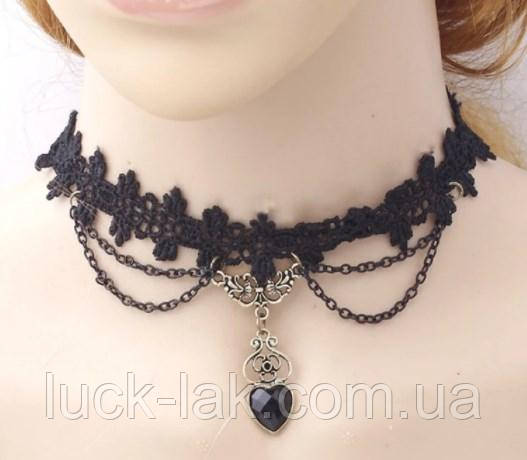 Чокер мереживний тонкий із підвіскою серце та ланцюжками, фото 1