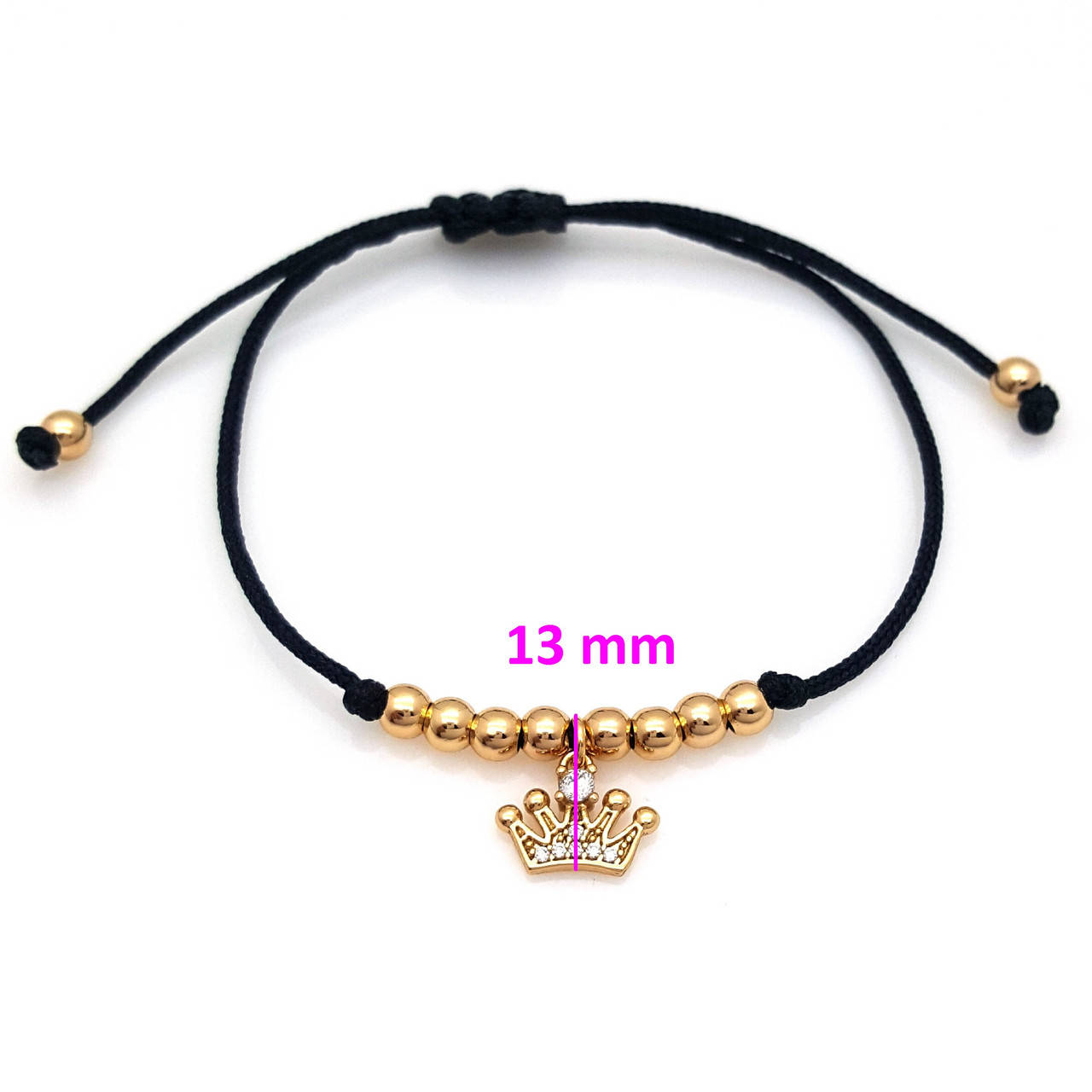 

Браслет Черная Шелковая ниточка с шарами и короной, вставка цирконий, позолота, 18К