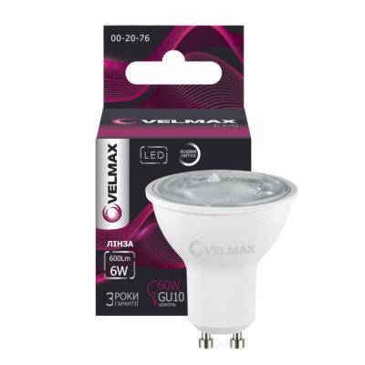 

LED лампа 6W линза VELMAX V-MR16L GU10 4100K 600Lm