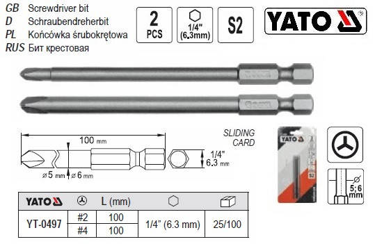 

Насадка отвертки бита YATO Польша TRI-WING 1/4" № 2/4х100 мм 2 штуки YT-0497