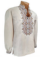 Праздничная мужская вышиванка с геометрическим орнаментом из ткани льон-габардин Коричневий орнамент