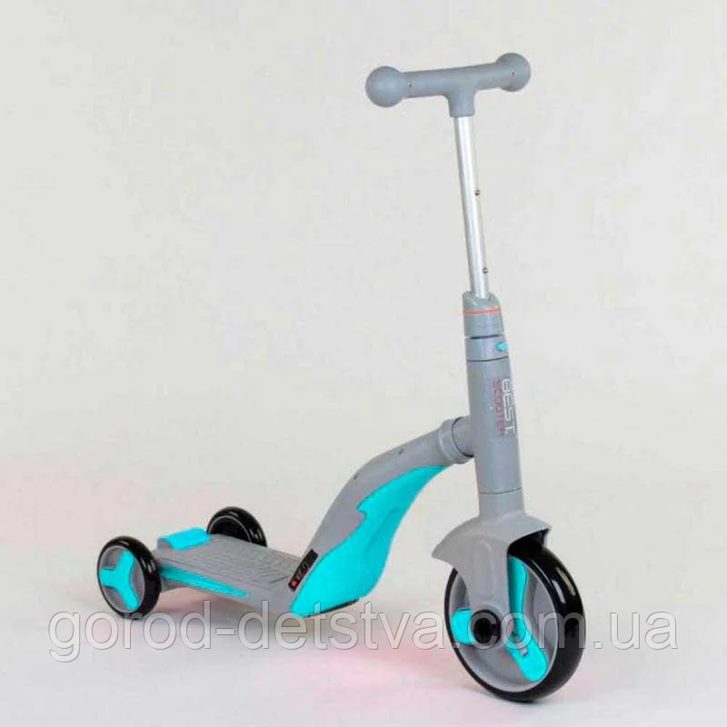 Самокат триколісний Best Scooter JT 10181 3в1 зі світлом і звуком, Бірюза з сірим, в коробці, фото 1