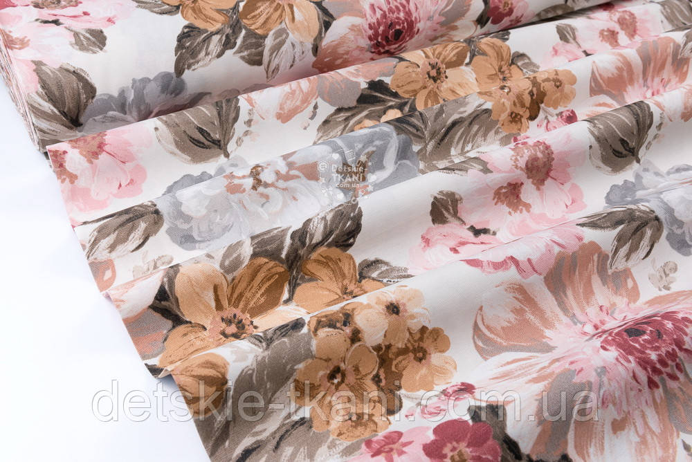 Тканина Duck з великими квітами пудрового, коричневого та сірого кольору, фото 1