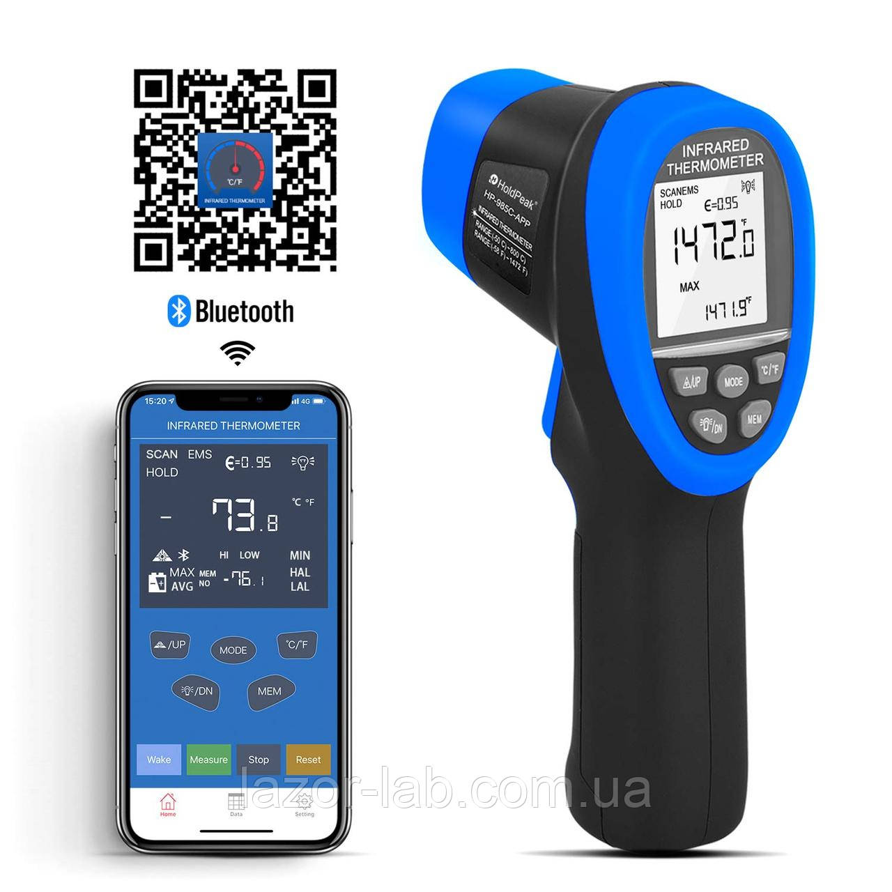 Пірометр HoldPeak HP-985C-APP (-50 °C до +800 °C) DS:16:1; EMS:0,1-1,00. Bluetooth