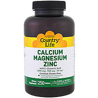 Кальцій, Магній та Цинк з L-Глютаміном, Calcium Magnesium Zync, Country Life, 250 таблеток