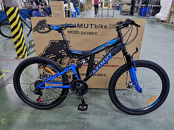 Горный подростковый двухподвесный велосипед Azimut Power 24"GD рама 17" комплектация Shimano ЧЕРНО-СИНИЙ