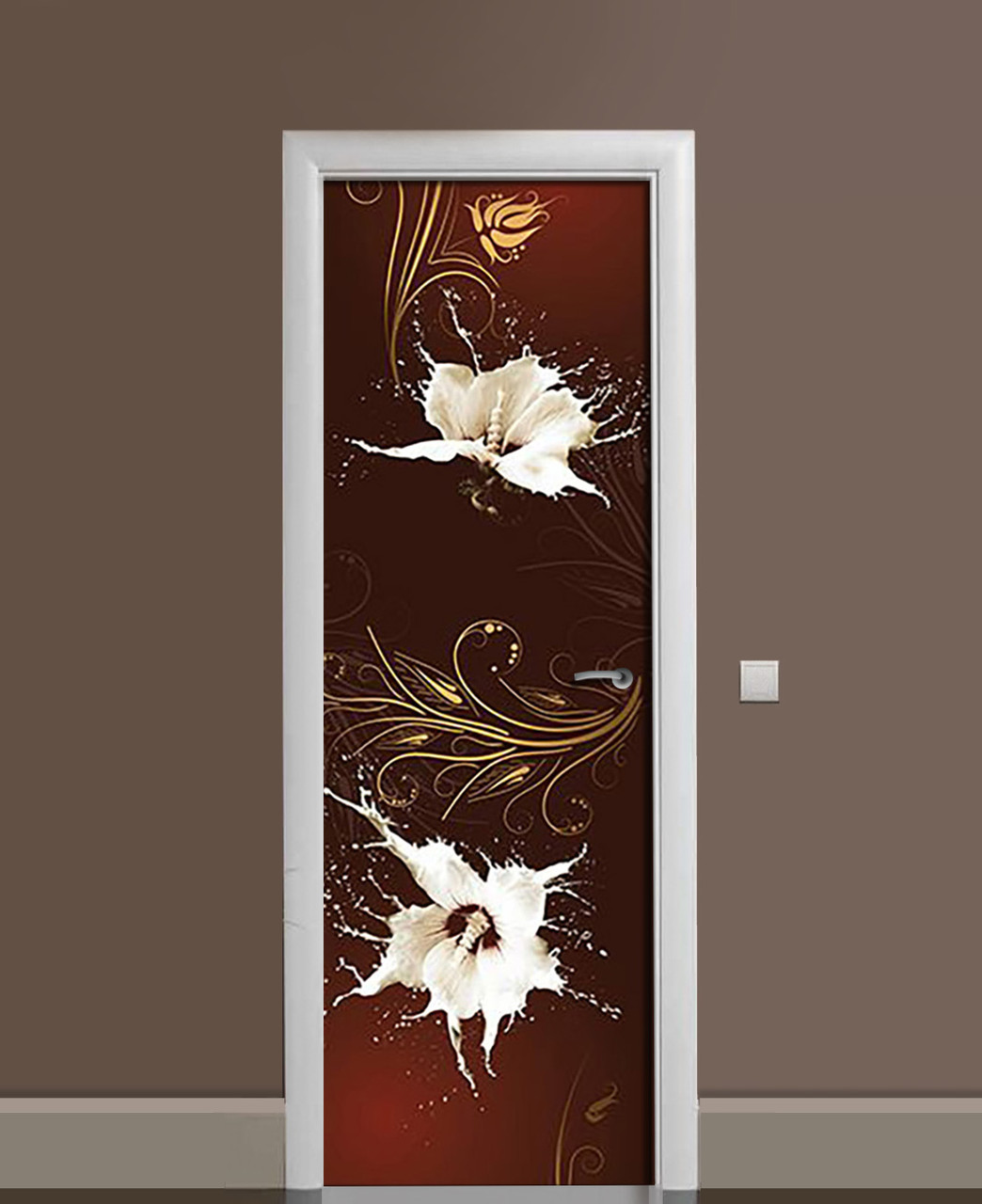 Декоративна наклейка на двері Білі квіти Бризки ПВХ плівка з ламінуванням 60*180см Абстракція Коричневий