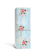 Вінілова наклейка на холодильник 3Д Дошки Прованс Троянди (плівка ПВХ фотодрук) 60*180см текстури Блакитний