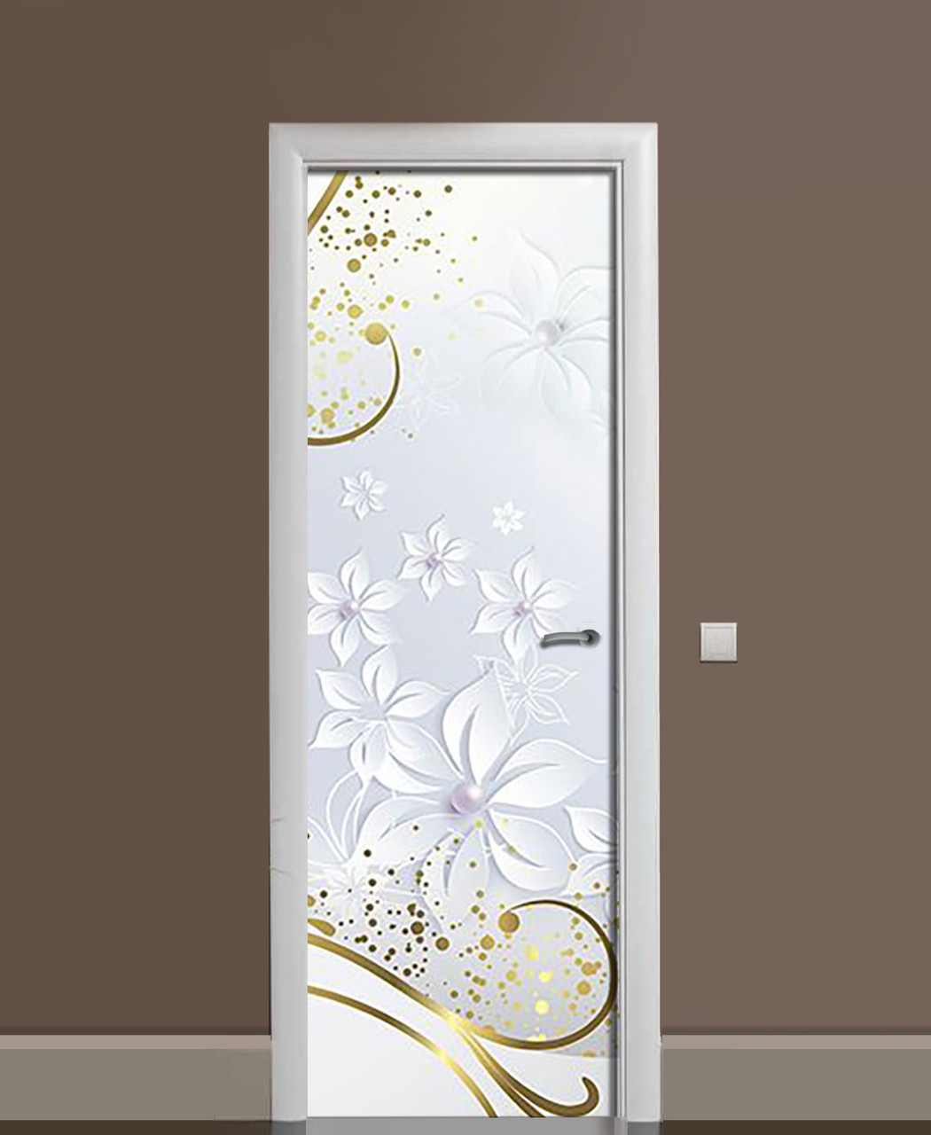 Вінілова наклейка на двері Ромашки Перли Золото ПВХ плівка з ламінуванням 60*180см Квіти Сірий