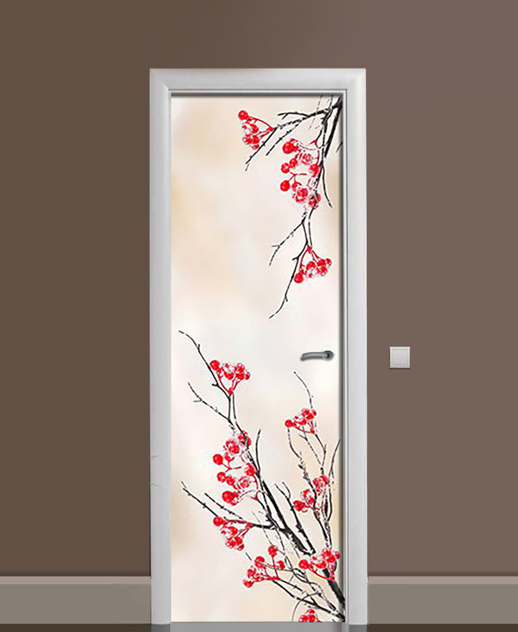 Декоративна наклейка на двері Калина в інеї Червоні ягоди ПВХ плівка з ламінуванням 60*180см Рослини Бежевий