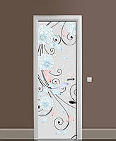 Виниловая наклейка на дверь Голубые цветы завитки ПВХ пленка с ламинацией 65*200см Абстракция Серый