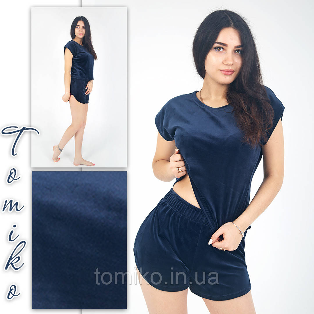 Піжама з плюшевого велюру футболка з шортами синій, фото 1
