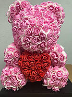 Мишка из 3D роз Бело-розовый 40см с сердцем iTrendy + подарочная упаковка