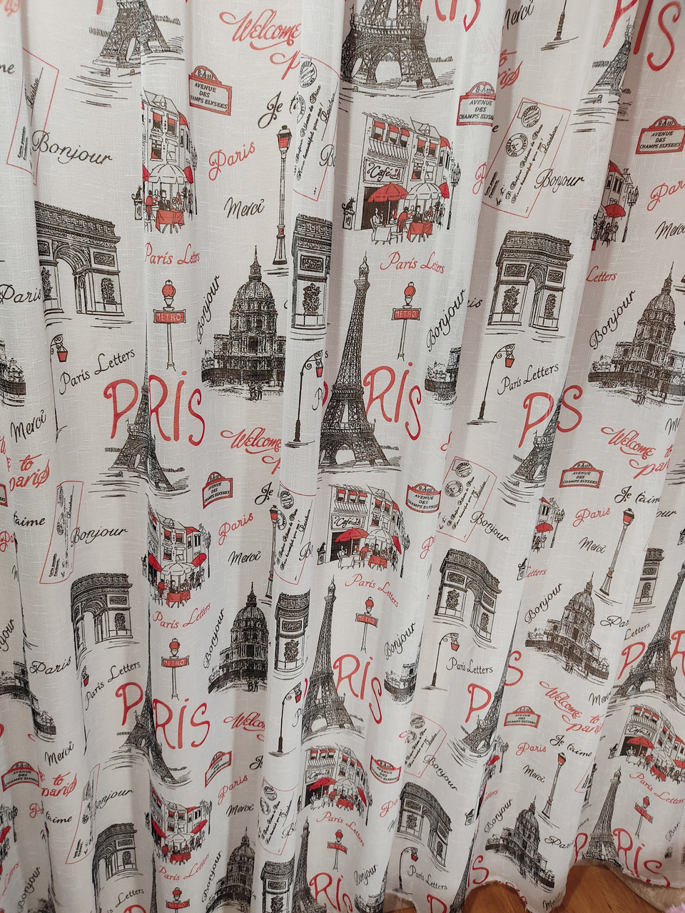 Тюль на основі льону з бордовим малюнком "Париж"
