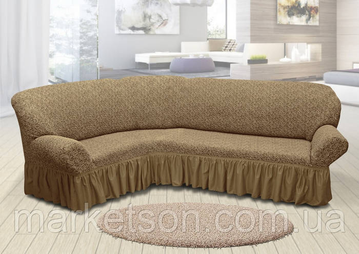 Жаккардовый универсальный натяжной чехол на угловой диван с рюшей (ID ...