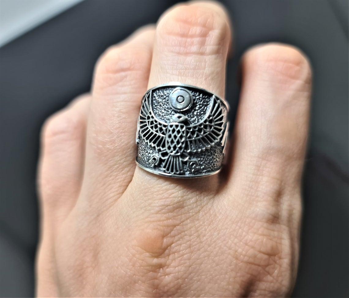 Кольцо Бог Ра серебряное египетское Глаз Гора Сокол унисекс символы Египта талисман амулет - фото 2 - id-p1348859334