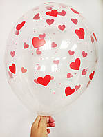 Шарик с рисунком и ГЕЛИЕМ поштучно "красные сердечки на прозрачном шарике" 12" (30см)