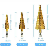 Сверло ступенчатое (конусное) ,набор по металлу дереву пластик 4-12/20/32 3шт