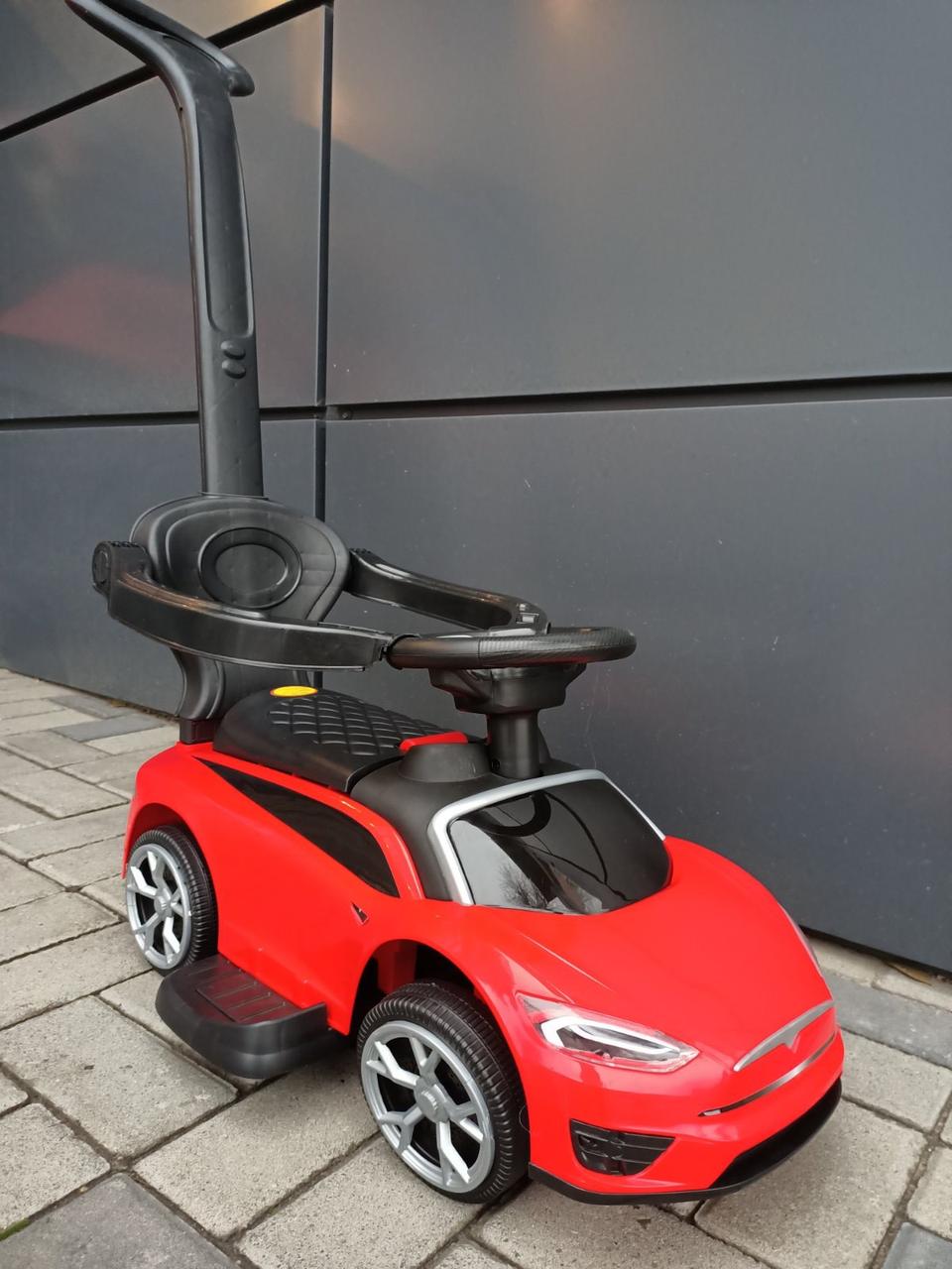 Машинка толокар 2 в 1, Tesla, музичне кермо, багажник, знімна ручка, каталка толокар, фото 1