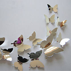 Інтер'єрні 3D Метелики 3D Butterfly 12 шт для Декора Срібло дзеркальні на Скотчі (m112)