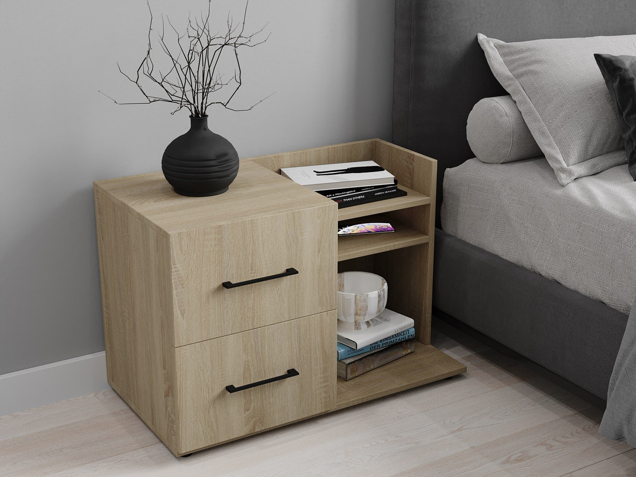 Тумба приліжкова з шухлядами та полочками Moreli T2 Ш 800 мм/ 540 мм/ Г420 мм Дуб сонома, фото 1