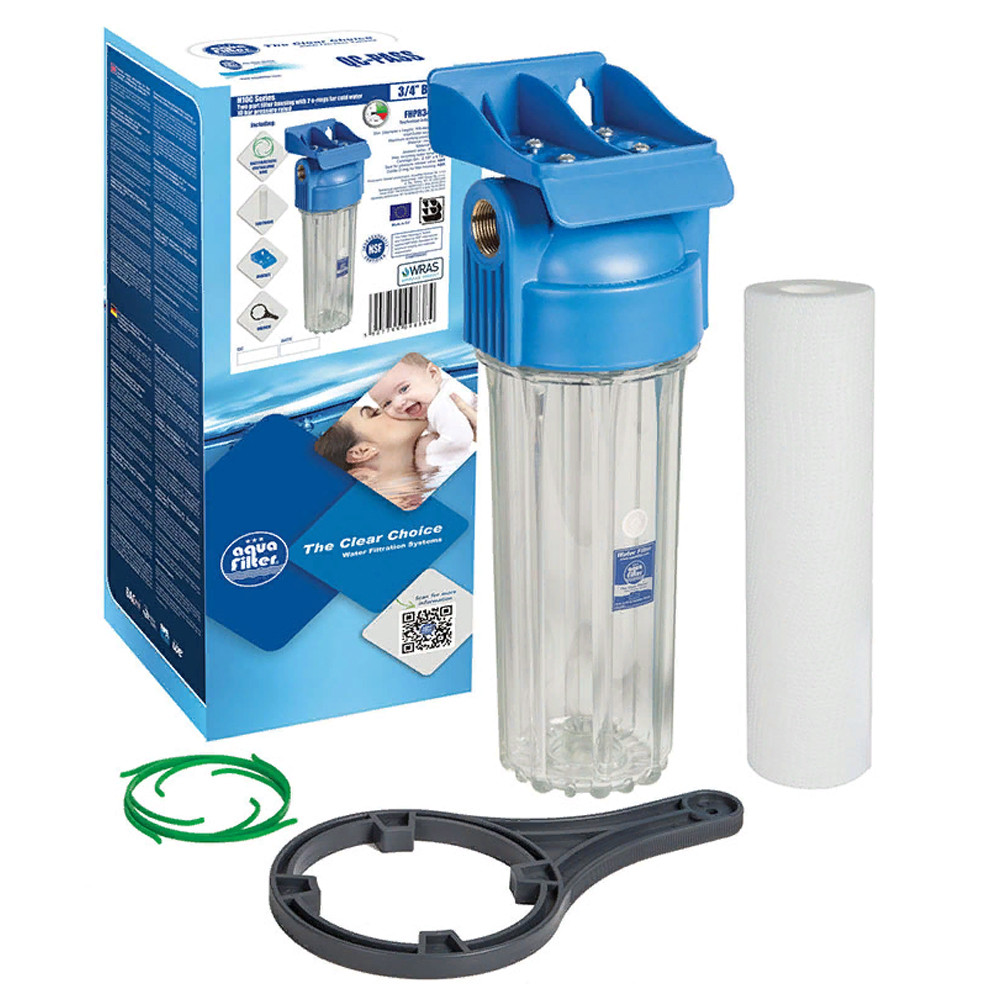 Корпус фільтра прозорий 3/4 " Aquafilter 10", посилений, колба для холодної води, спускний клапан