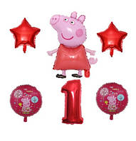 Шарики свинка пеппа на 1 год - в наборе 6шт., (без гелия), звезды 43см, круглые шары 41см, свинка 60см