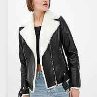 Кожаная дубленка косуха VK черная с белым мехом (Арт. LT420-KM)