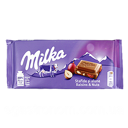Шоколад Мілка родзинки та горіх Milka raisins & nuts 100g 22шт/ящ (Код: 00-00005279)