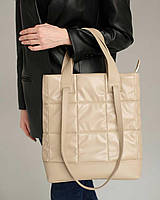 Стильная качественная женская сумка-шопер бежевая стеганая под натуральную кожу