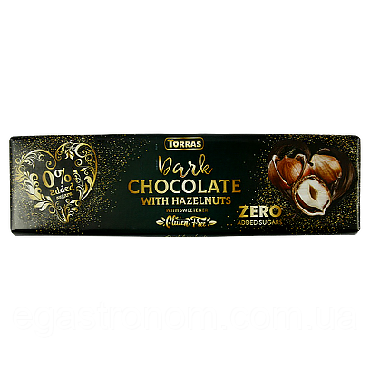 Шоколад чорний з фундуком (без цукру) Торрас Torras dark hazelnuts ZERO 300g 14шт/ящ (Код: 00-00005488)