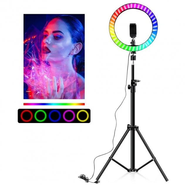 Селфи-лампа Різнокольорова Led кільце MJ33 RGB D=33 см + штатив-трипод 2м