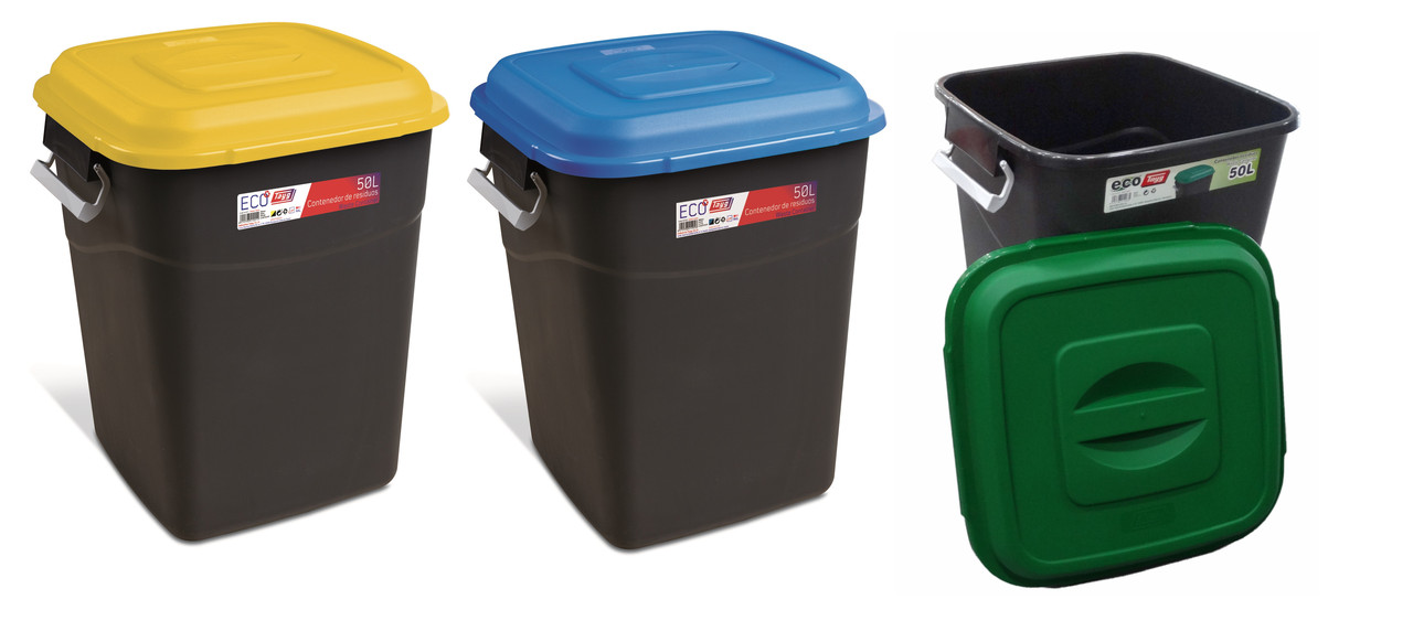 Набор мусорных баков Eco Tayg 3*50л (Испания) 41*40 h51см, с желтой-синей-зеленой крышкой и ручками - фото 1 - id-p1225523715