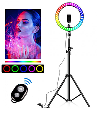 Хіт продаж! Набір для блогера 3в1: кільцева лампа 33см RGB MJ33 + Телескопічний штатив-стійка, 200см +, фото 3