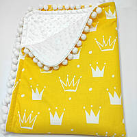 Плед дитячий із помпонами та білим плюшем Minky та бавовни жовтого кольору з білими коронами