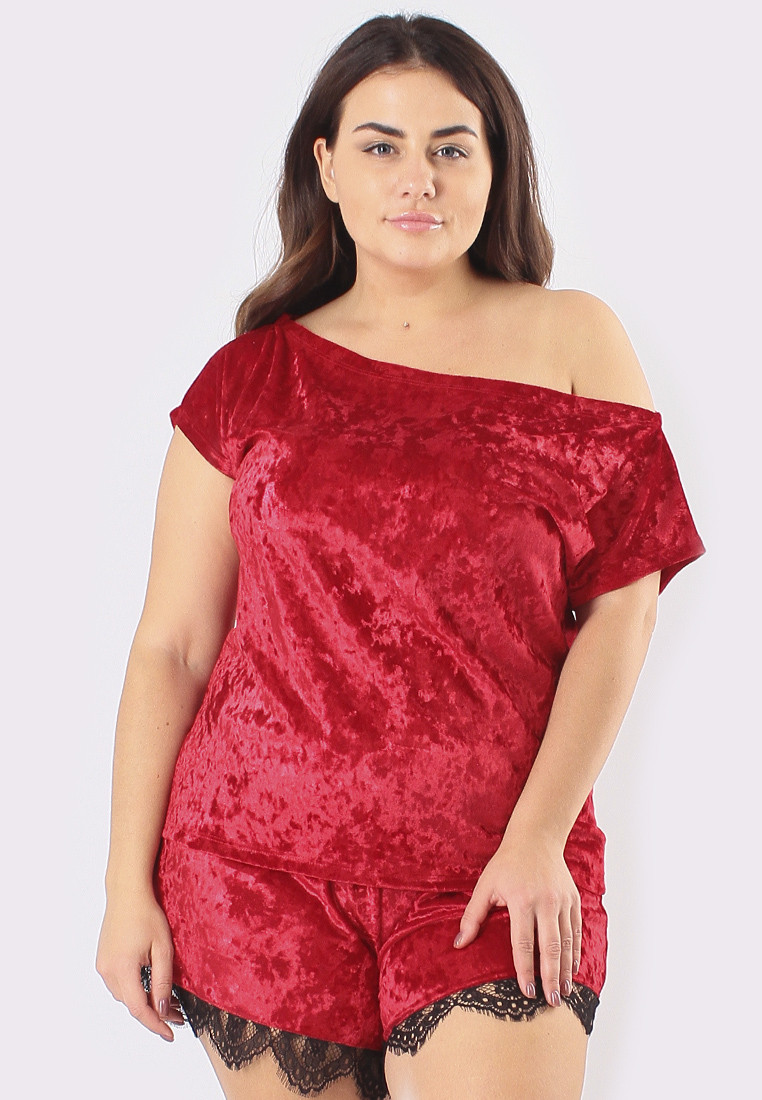 ВЕЛИКІ РОЗМІРИ! Жіночий комплект велюровий (футболка + шорти) для дому та сну червоний