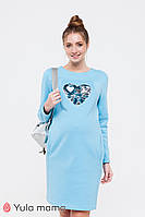 Утепленное голубое платье из коттона с аппликацией для беременных и кормящих мам, размер XS, S, M, L, XL