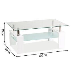 Скляний журнальний стіл з полицею Signal Lisa Basic II 100х60х55см на лакованому каркасі білого кольору