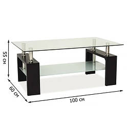 Скляний журнальний столик з додатковою полицею Signal Lisa Basic II 100х60х55см на ніжках кольору венге