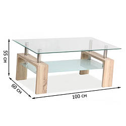 Журнальний стіл Signal Lisa Basic II 100х60см скляний з додатковою полицею і каркасом кольору дуб сонома