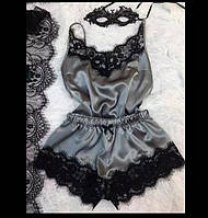 Нічна атласна білизна нічна комплект шорти топлес піжама