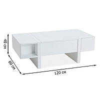 Прямоугольный журнальный стол белого цвета Signal Mido 120x60х40см с двумя ящиками и поднимаемой столешницей