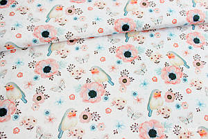 Тканина Преміум сатин Пташки та анемони ЗАЛИШОК 3,9 м