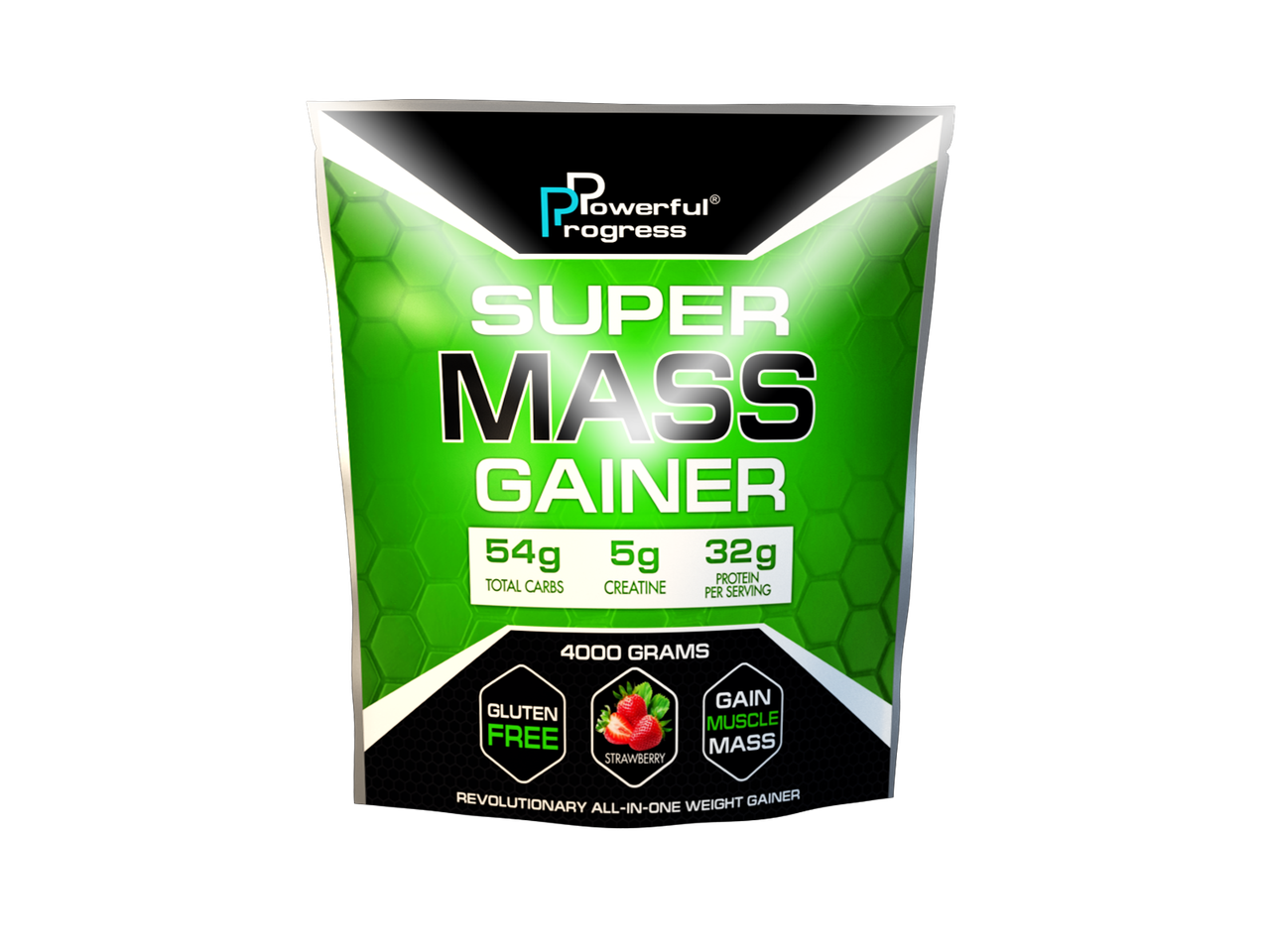 Гейнер Powerful Progress Super Mass Gainer 4000 г (32% білка)  ( полуниця )