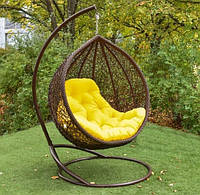 Кресло-кокон подвесное из ротанга Глория со стойкой шоколад-желтый