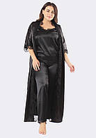 Шовковий домашній комплект штани+майка+халат шовк Афіна трійка чорний/чорний