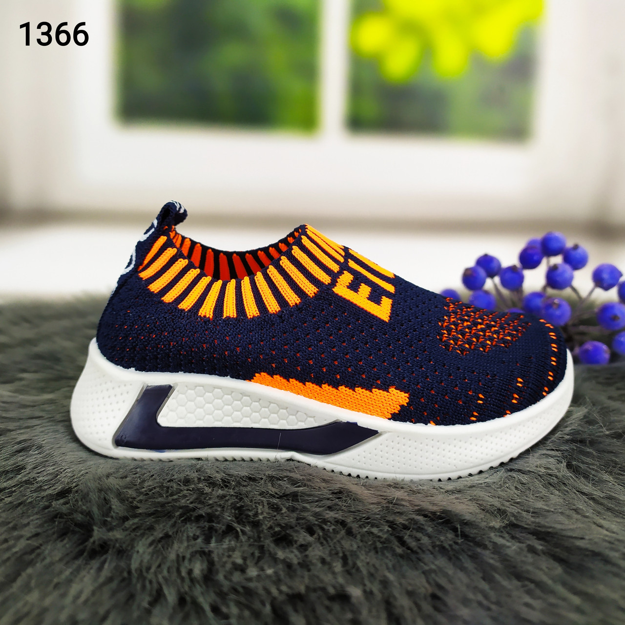 Дитячі текстильні кросівки мокасини сині з жовтогарячим канарейка